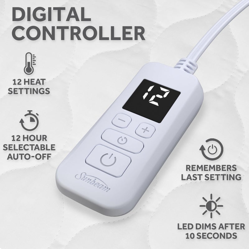 Sunbeam Electric Premium Water Resistant Restful Quilted Heated Mattress Pad, 12 Heat Settings, 12-Hour Selectable Auto Shut-Off, Fast Heating, Cozy Warming Bed, Queen, 60" x 80" - Image 3